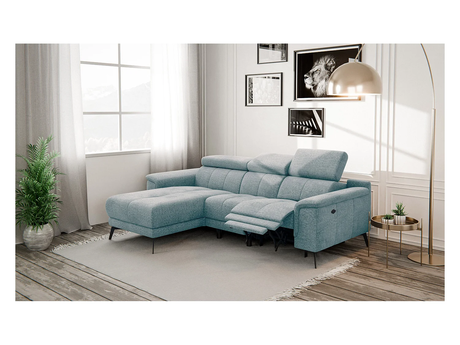 FIERO Ecksofa 3-Sitzer links mit 1 Relaxfunktion und verstellbare Kopfstützen, mint