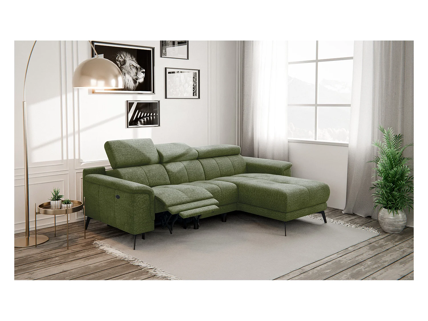 FIERO Ecksofa 3-Sitzer rechts mit 1 Relaxfunktion, olive