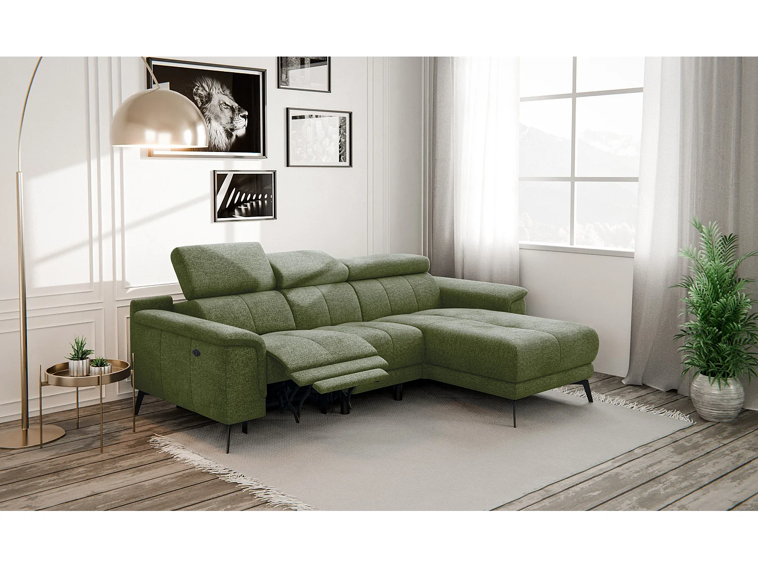 FIERO Ecksofa 3-Sitzer rechts mit 1 Relaxfunktion, olive