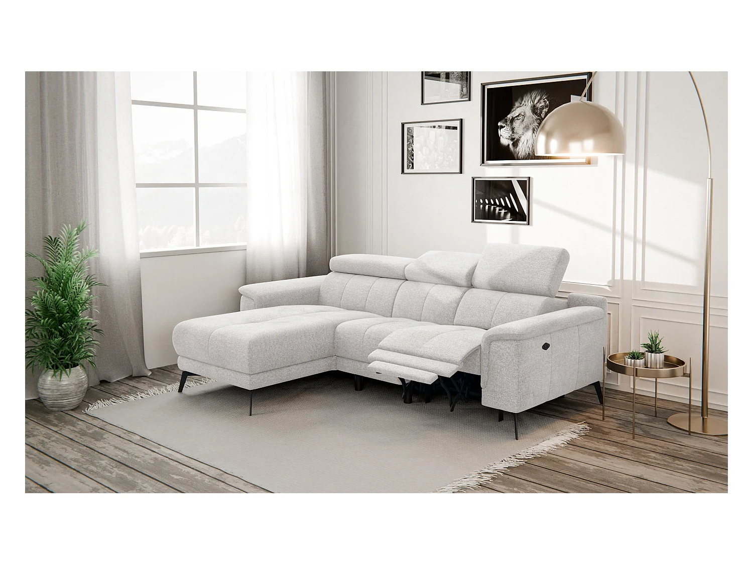 FIERO Ecksofa 3-Sitzer links mit 1 Relaxfunktion und verstellbare Kopfstützen, creme