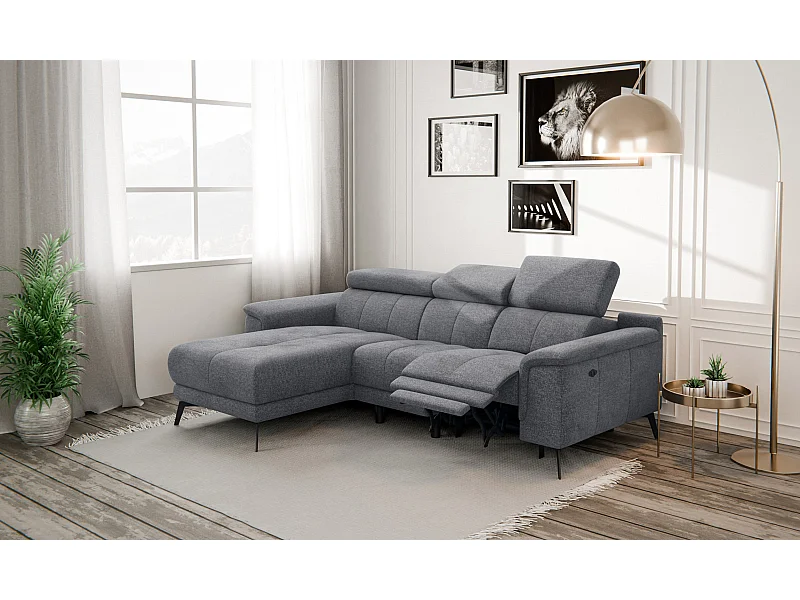 FIERO Ecksofa 3-Sitzer links mit 1 Relaxfunktion und verstellbare Kopfstützen, grau