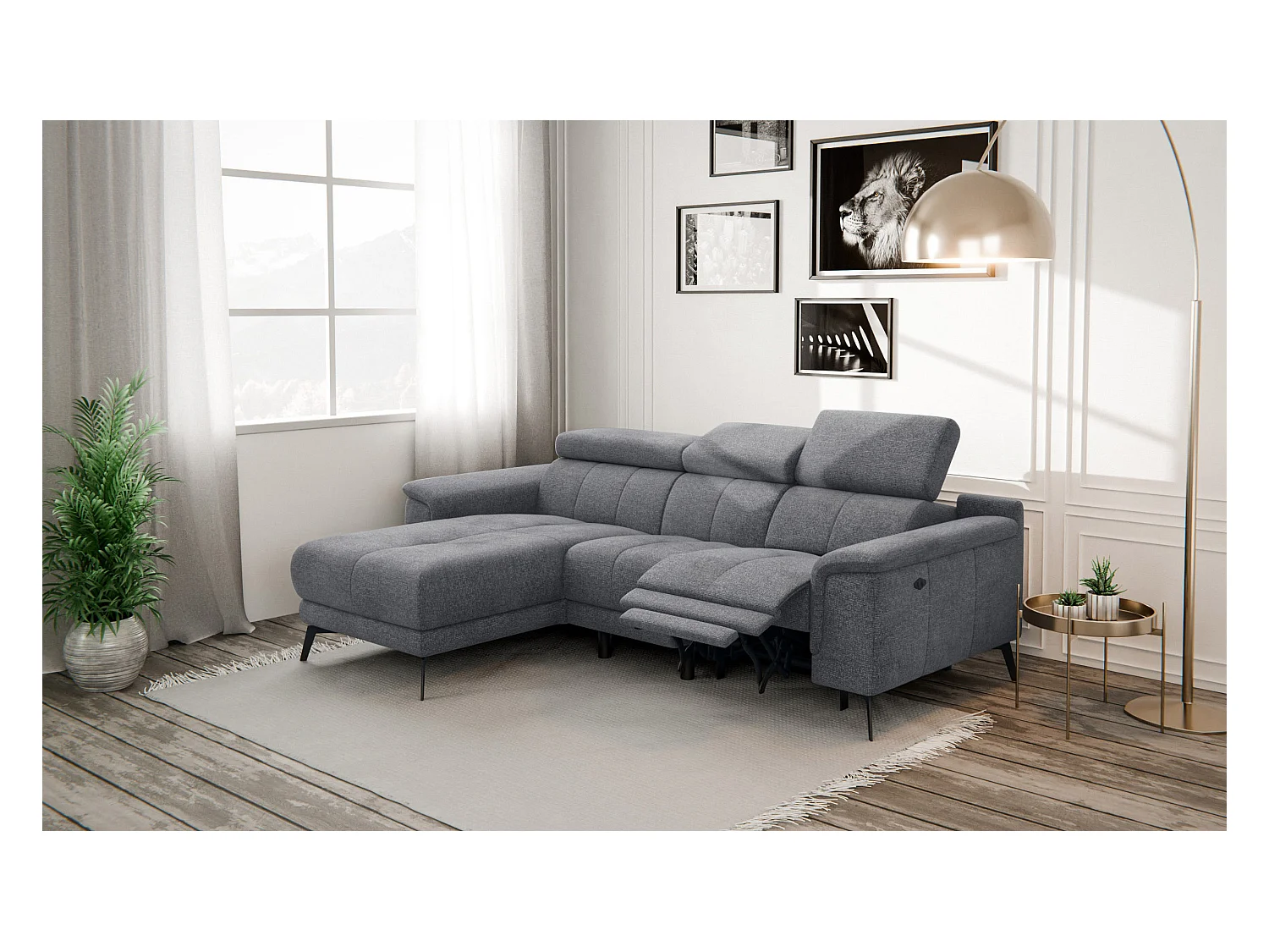 FIERO Ecksofa 3-Sitzer links mit 1 Relaxfunktion und verstellbare Kopfstützen, grau