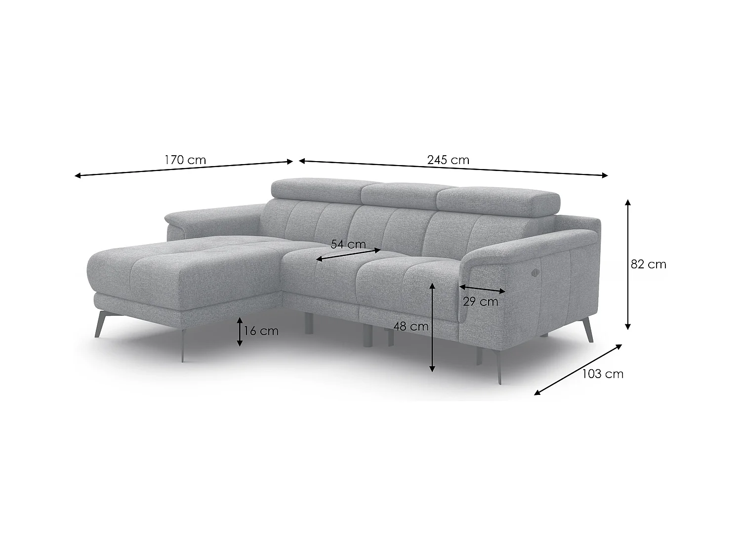 FIERO Ecksofa 3-Sitzer links mit 1 Relaxfunktion und verstellbare Kopfstützen, grau