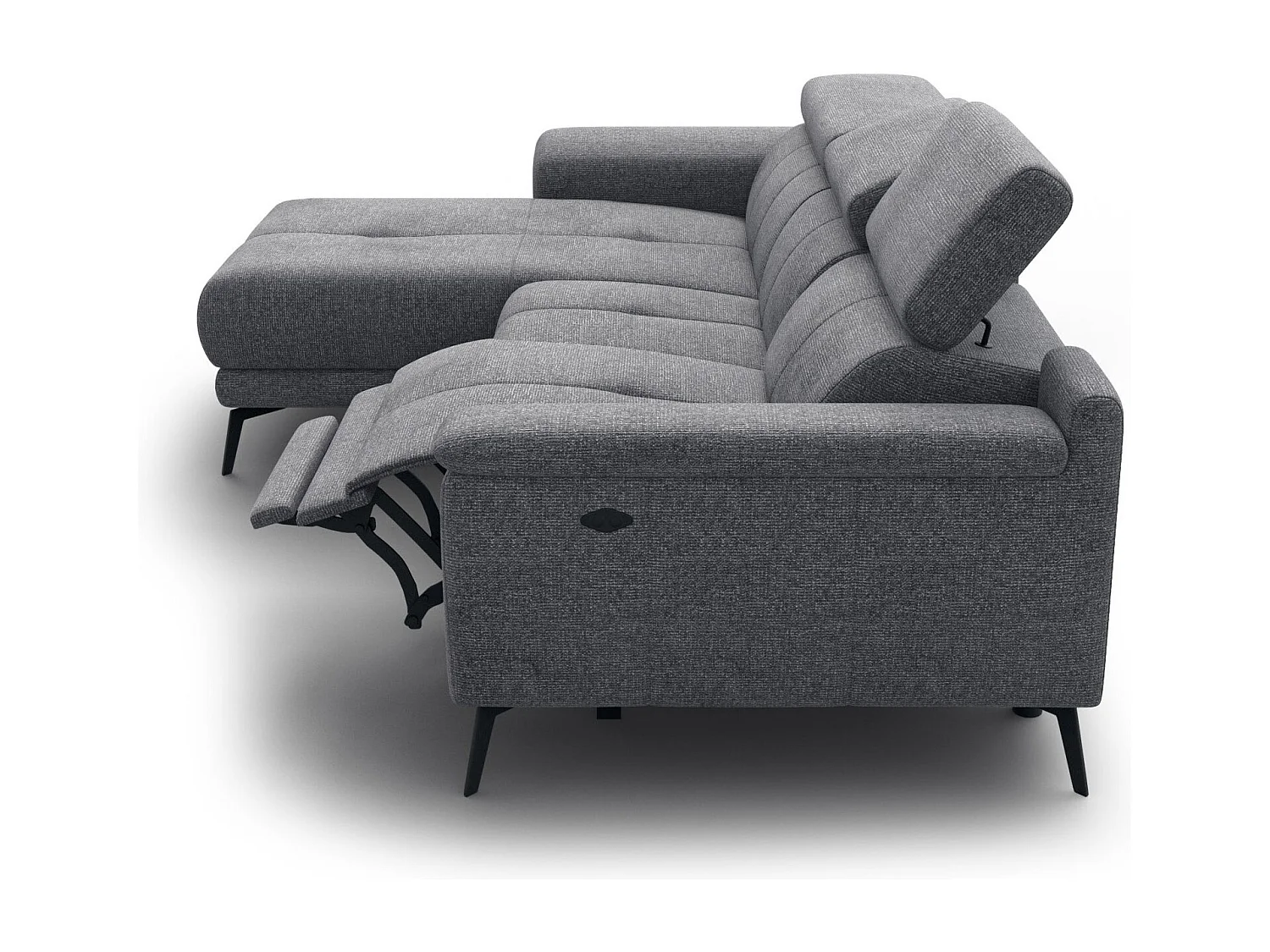 FIERO Ecksofa 3-Sitzer links mit 1 Relaxfunktion und verstellbare Kopfstützen, grau