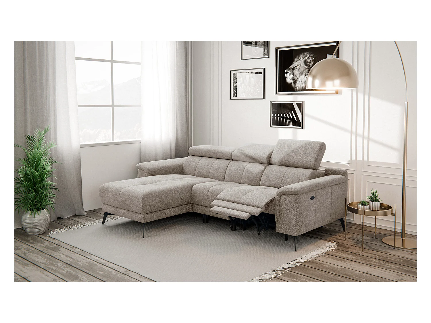 FIERO Ecksofa 3-Sitzer links mit 1 Relaxfunktion und verstellbare Kopfstützen, taupe