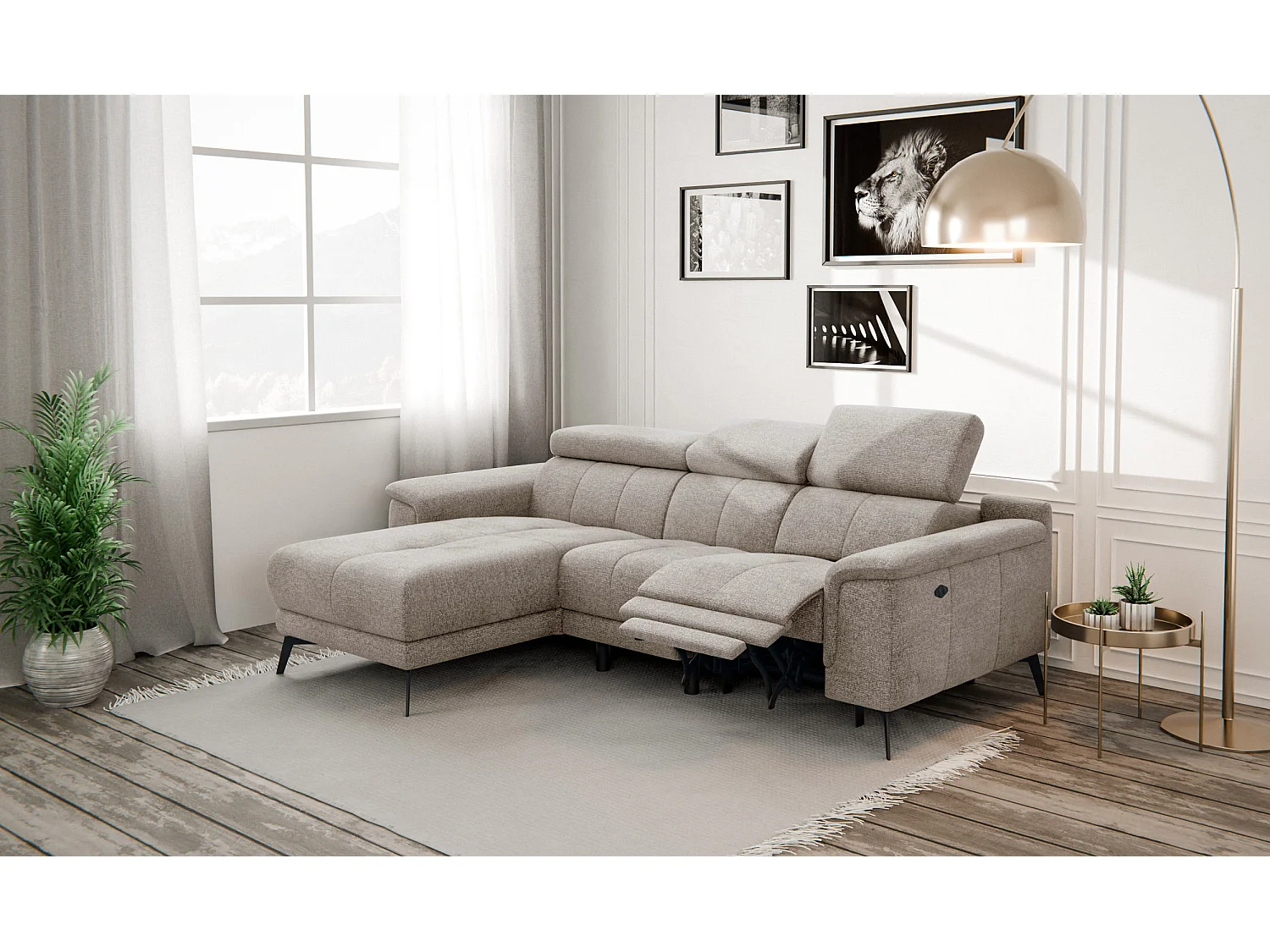 FIERO Ecksofa 3-Sitzer links mit 1 Relaxfunktion und verstellbare Kopfstützen, taupe
