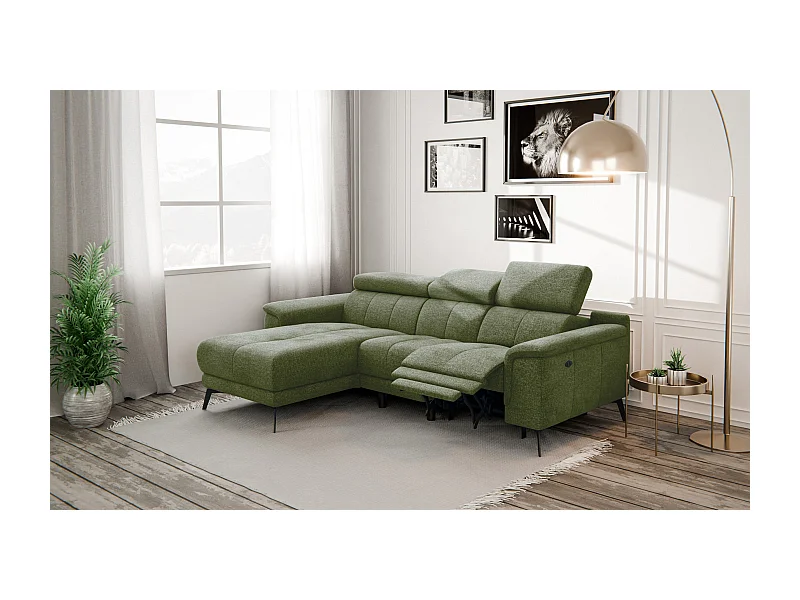 FIERO Ecksofa 3-Sitzer links mit 1 Relaxfunktion und verstellbare Kopfstützen, olive