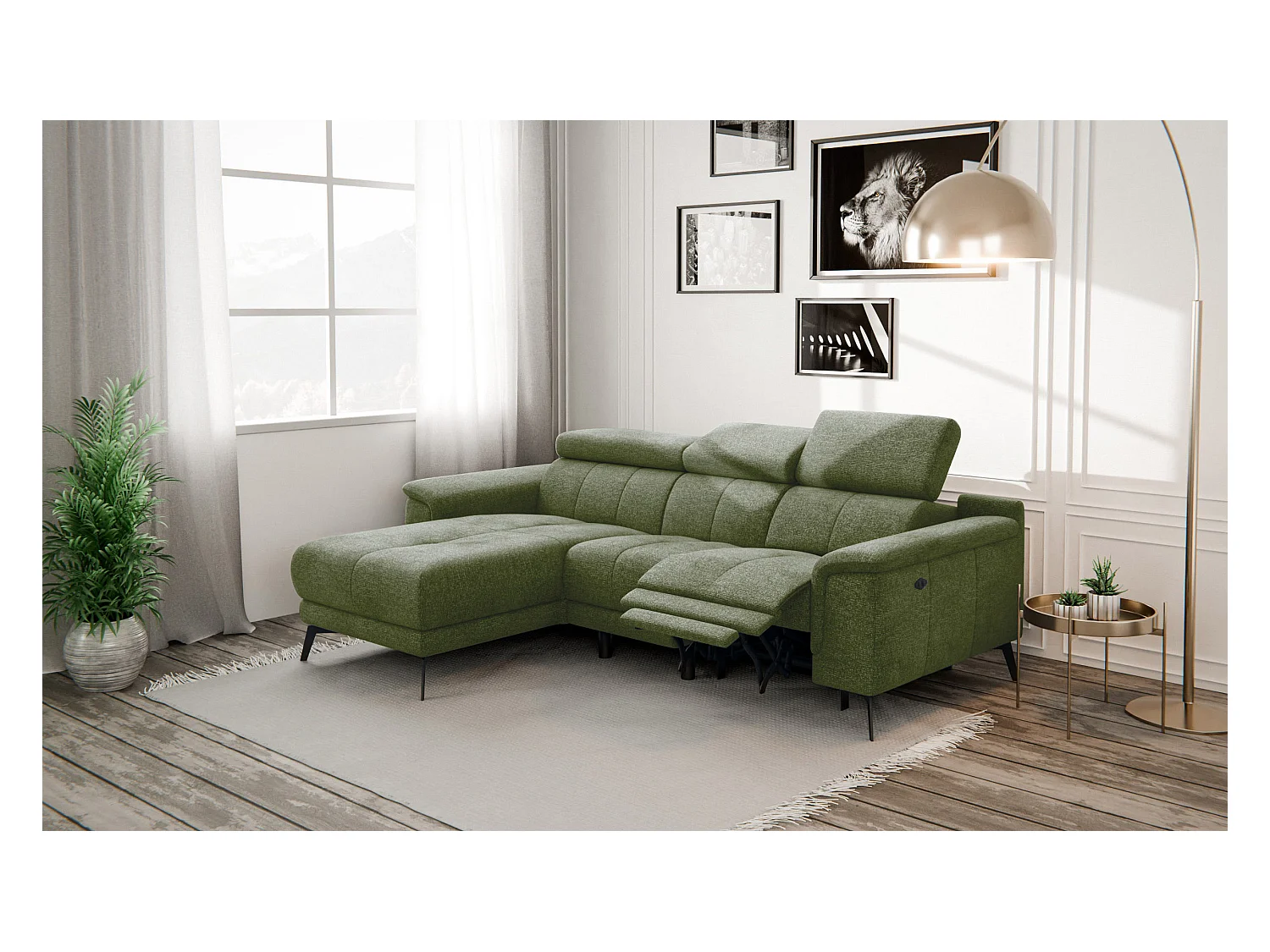 FIERO Ecksofa 3-Sitzer links mit 1 Relaxfunktion und verstellbare Kopfstützen, olive