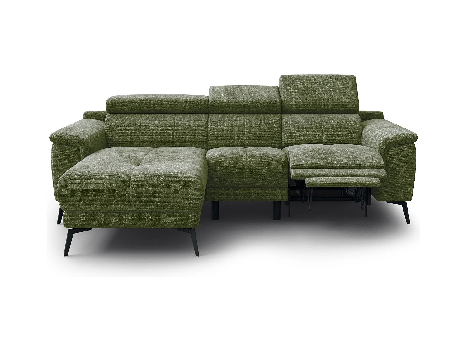 FIERO Ecksofa 3-Sitzer links mit 1 Relaxfunktion und verstellbare Kopfstützen, olive