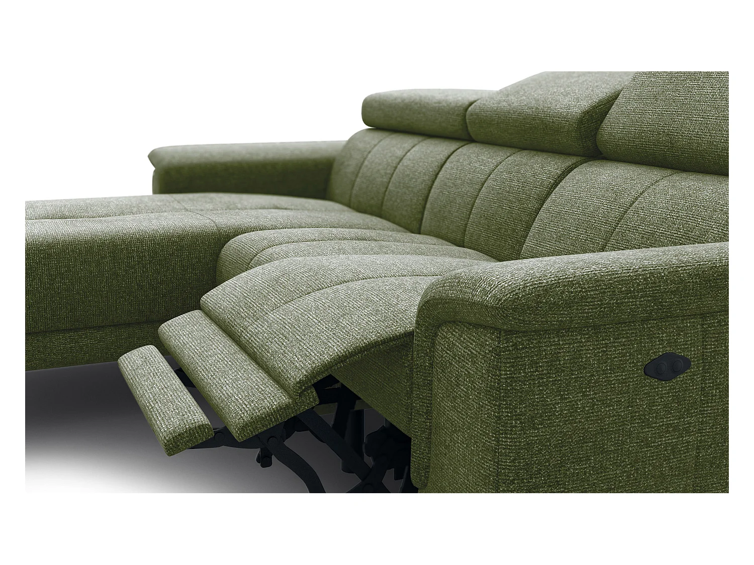 FIERO Ecksofa 3-Sitzer links mit 1 Relaxfunktion und verstellbare Kopfstützen, olive