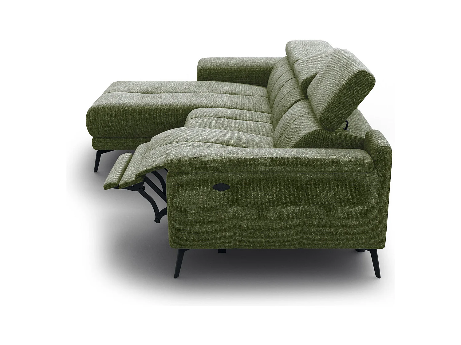 FIERO Ecksofa 3-Sitzer links mit 1 Relaxfunktion und verstellbare Kopfstützen, olive