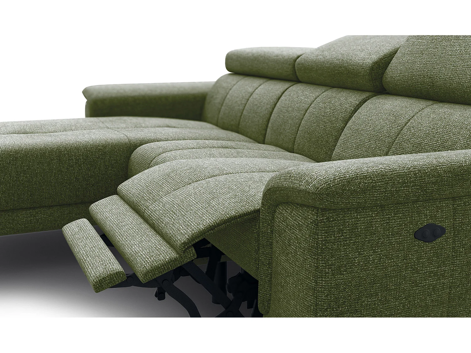 FIERO Ecksofa 3-Sitzer links mit 1 Relaxfunktion und verstellbare Kopfstützen, olive