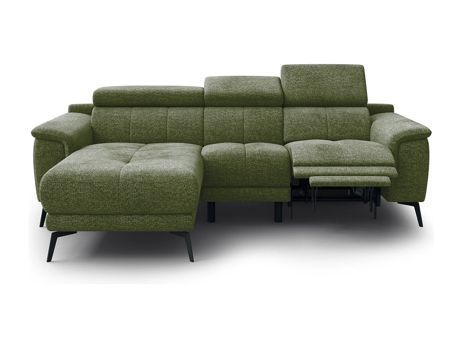 FIERO Ecksofa 3-Sitzer links mit 1 Relaxfunktion und verstellbare Kopfstützen, olive