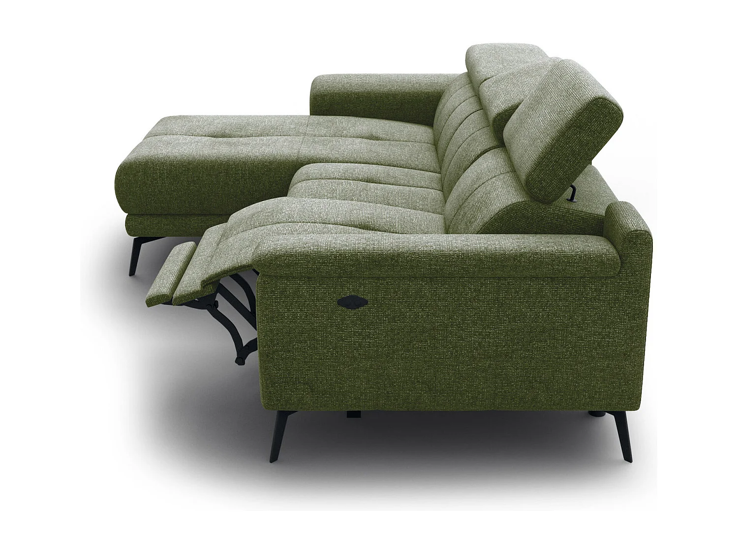 FIERO Ecksofa 3-Sitzer links mit 1 Relaxfunktion und verstellbare Kopfstützen, olive