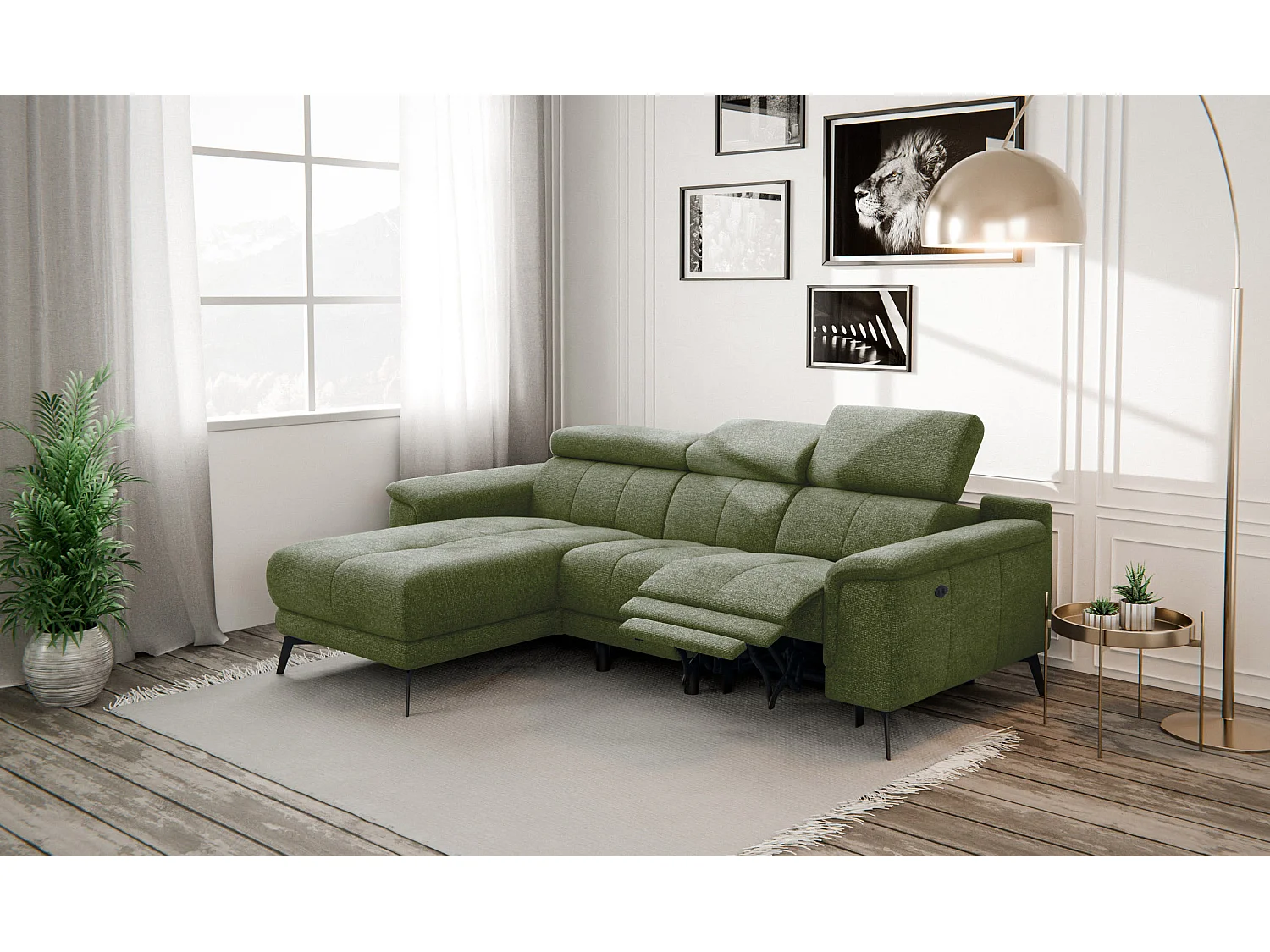 FIERO Ecksofa 3-Sitzer links mit 1 Relaxfunktion und verstellbare Kopfstützen, olive