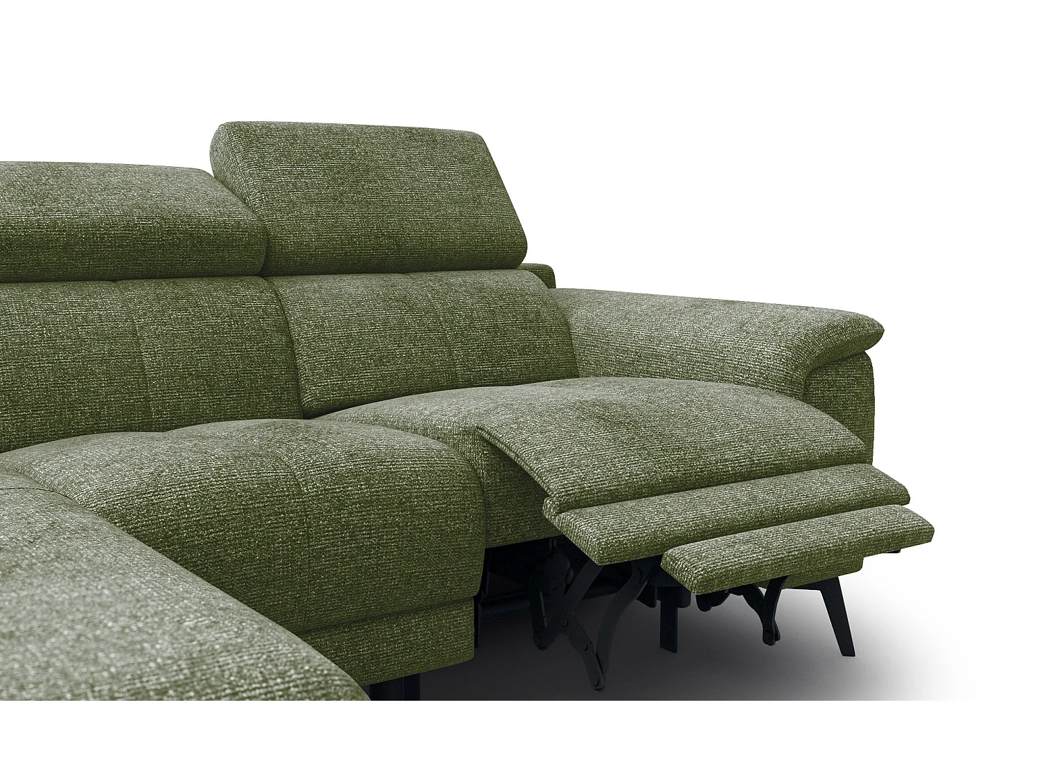FIERO Ecksofa 3-Sitzer links mit 1 Relaxfunktion und verstellbare Kopfstützen, olive
