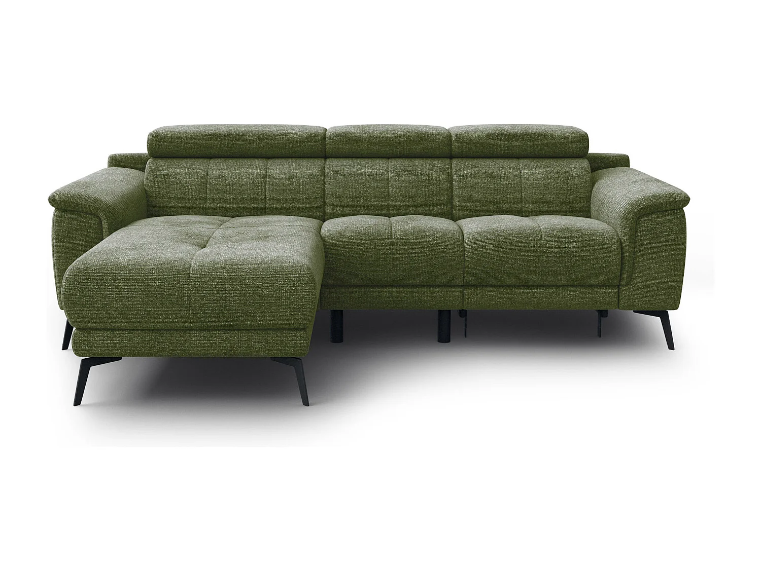 FIERO Ecksofa 3-Sitzer links mit 1 Relaxfunktion und verstellbare Kopfstützen, olive