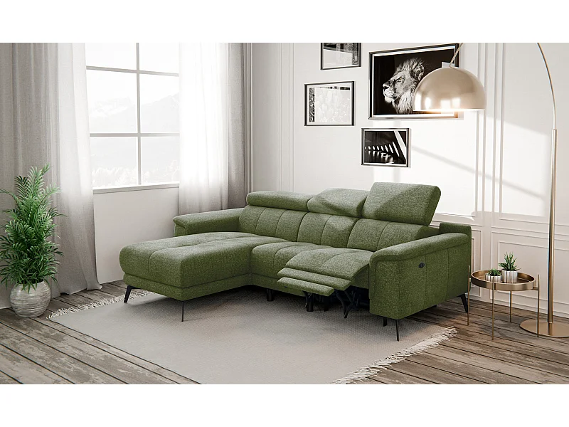 FIERO Ecksofa 3-Sitzer links mit 1 Relaxfunktion und verstellbare Kopfstützen, olive