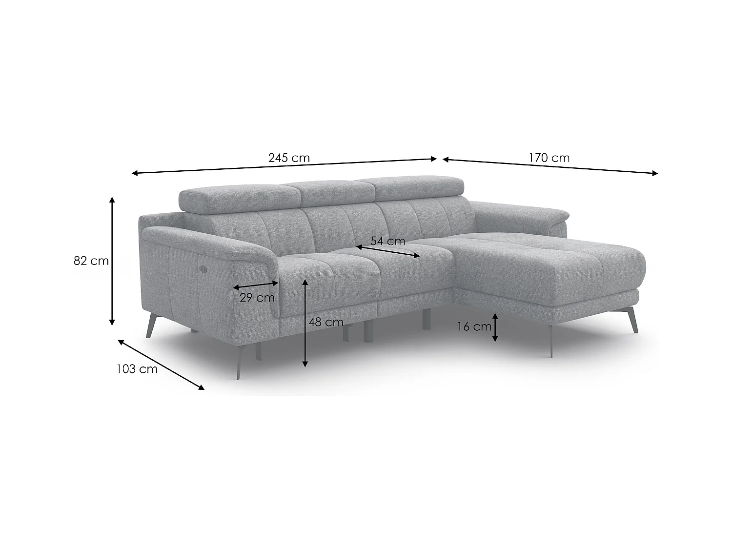 FIERO Ecksofa 3-Sitzer rechts mit 1 Relaxfunktion, dunkelgrau
