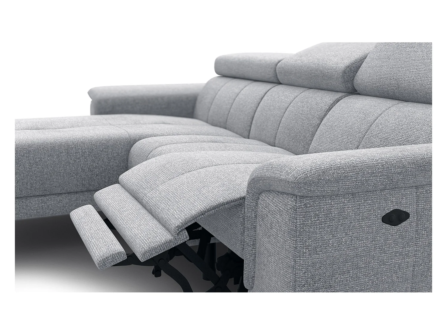 FIERO Ecksofa 3-Sitzer links mit 1 Relaxfunktion und verstellbare Kopfstützen, silbergrau