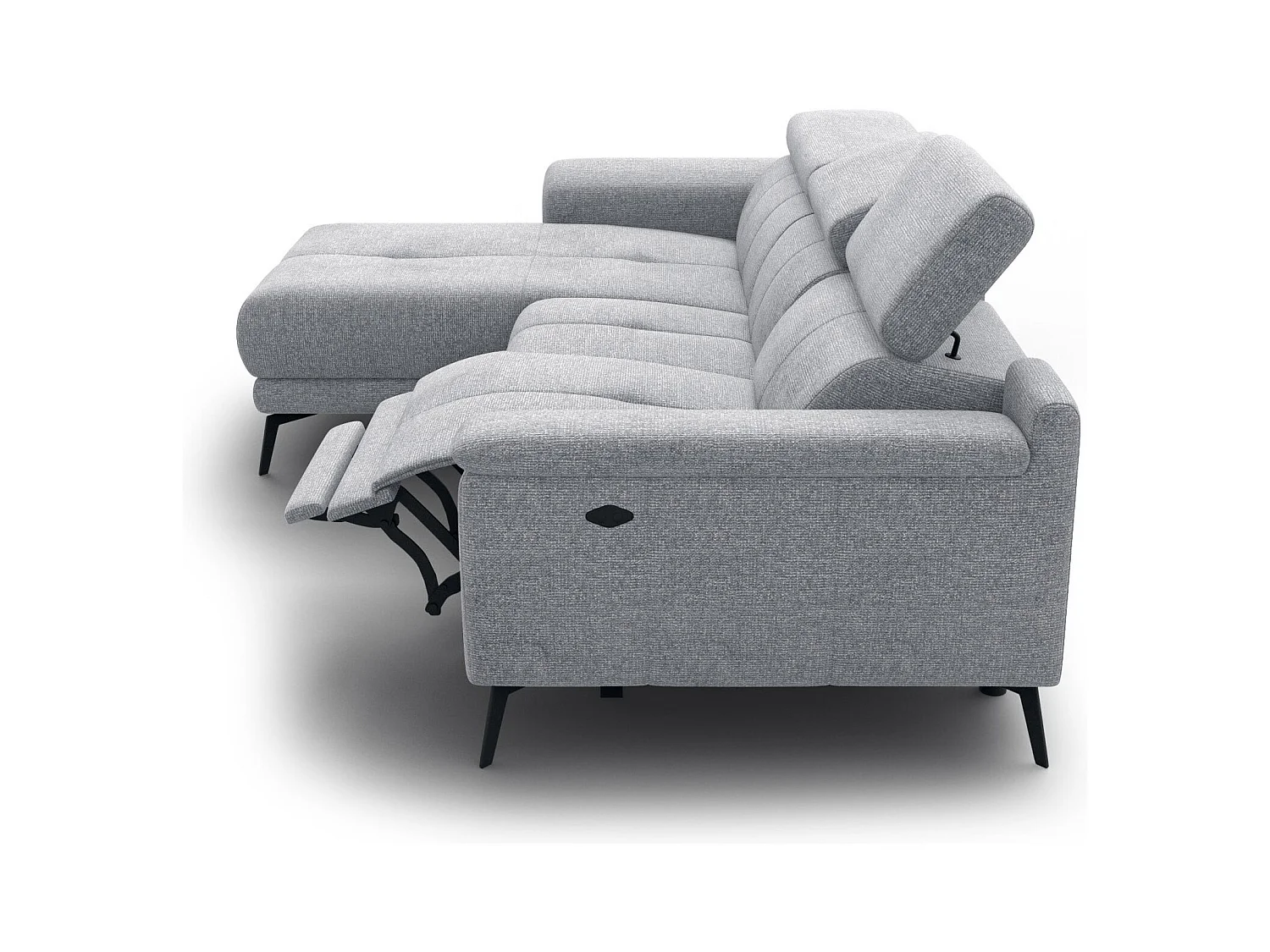 FIERO Ecksofa 3-Sitzer links mit 1 Relaxfunktion und verstellbare Kopfstützen, silbergrau