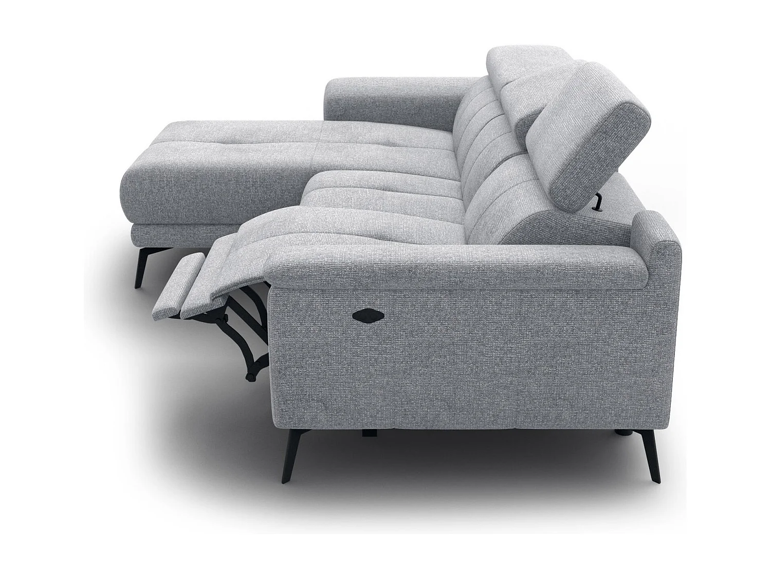 FIERO Ecksofa 3-Sitzer links mit 1 Relaxfunktion und verstellbare Kopfstützen, silbergrau