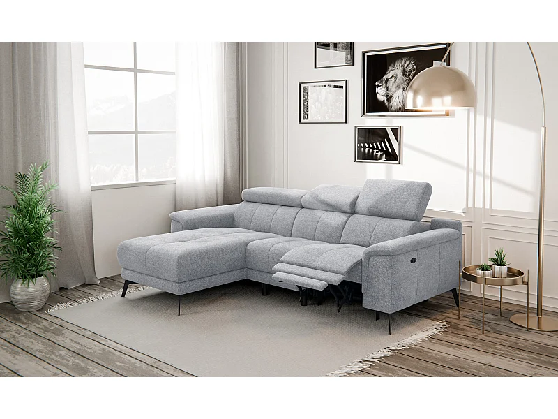 FIERO Ecksofa 3-Sitzer links mit 1 Relaxfunktion und verstellbare Kopfstützen, silbergrau