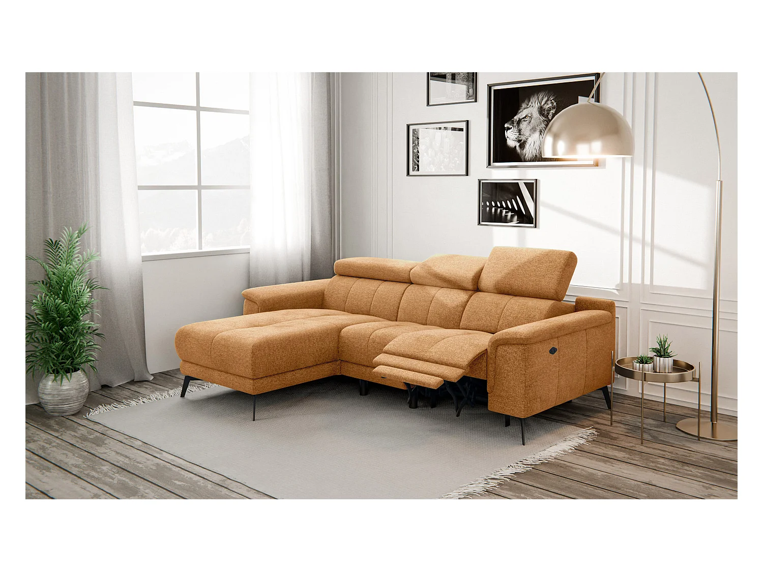 FIERO Ecksofa 3-Sitzer links mit 1 Relaxfunktion und verstellbare Kopfstützen, orange