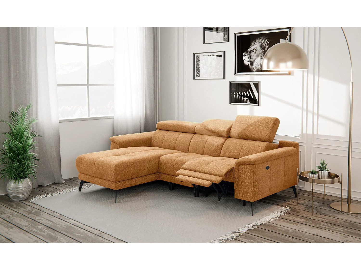 FIERO Ecksofa 3-Sitzer links mit 1 Relaxfunktion und verstellbare Kopfstützen, orange