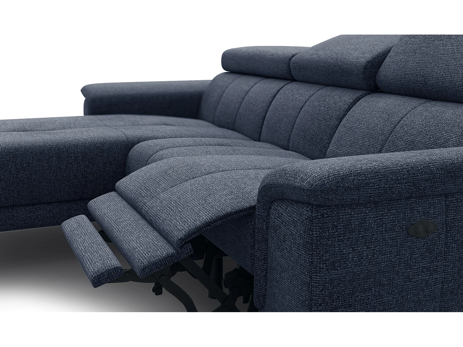 FIERO Ecksofa 3-Sitzer links mit 1 Relaxfunktion und verstellbare Kopfstützen, marineblau