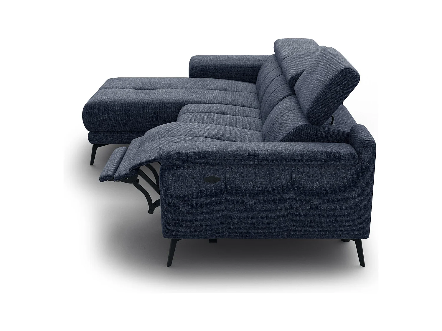 FIERO Ecksofa 3-Sitzer links mit 1 Relaxfunktion und verstellbare Kopfstützen, marineblau