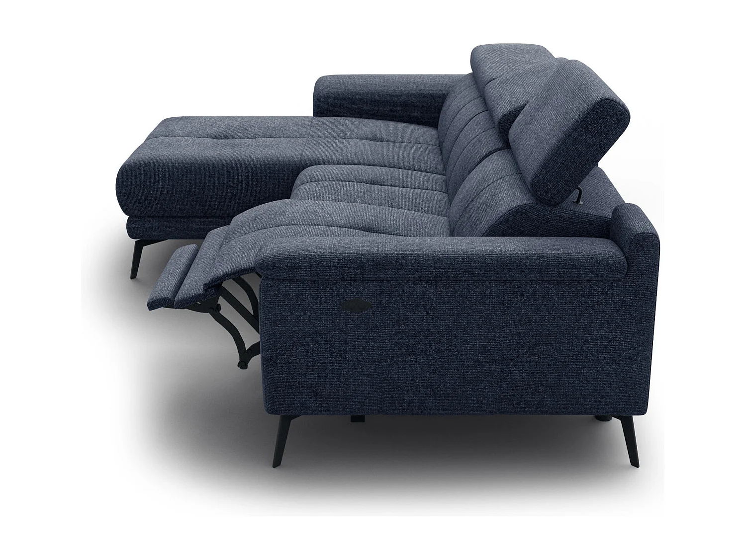 FIERO Ecksofa 3-Sitzer links mit 1 Relaxfunktion und verstellbare Kopfstützen, marineblau