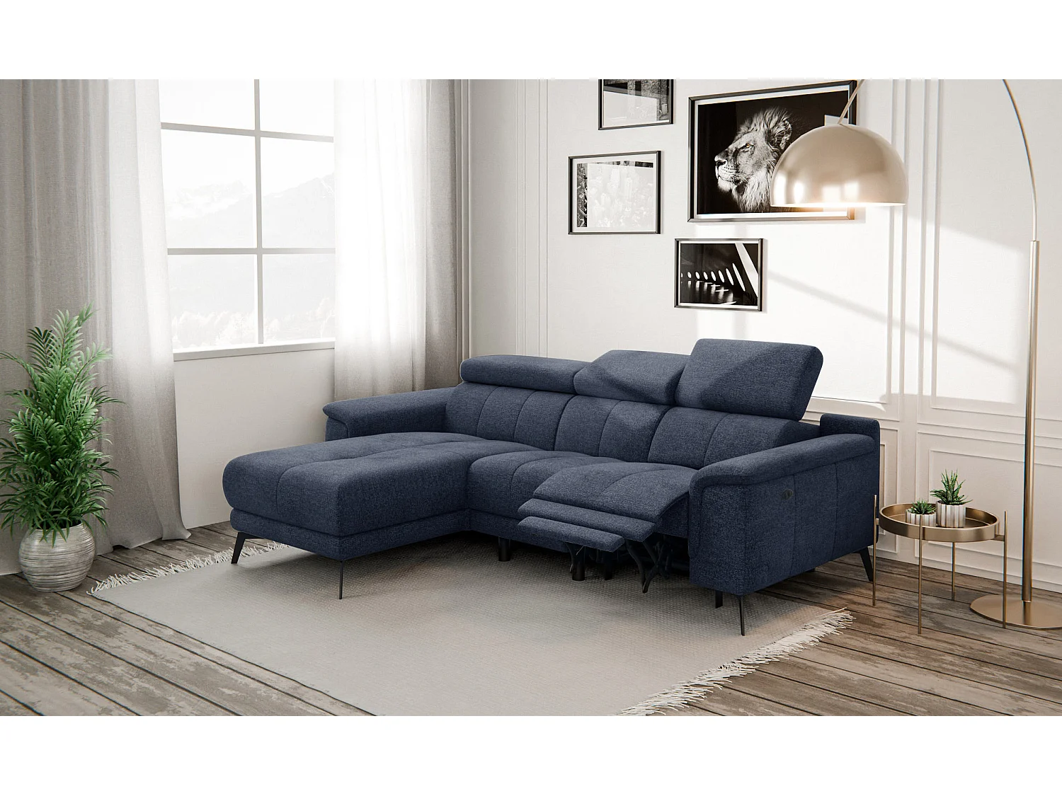 FIERO Ecksofa 3-Sitzer links mit 1 Relaxfunktion und verstellbare Kopfstützen, marineblau