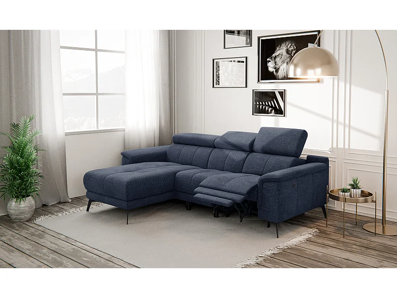 FIERO Ecksofa 3-Sitzer links mit 1 Relaxfunktion und verstellbare Kopfstützen, marineblau