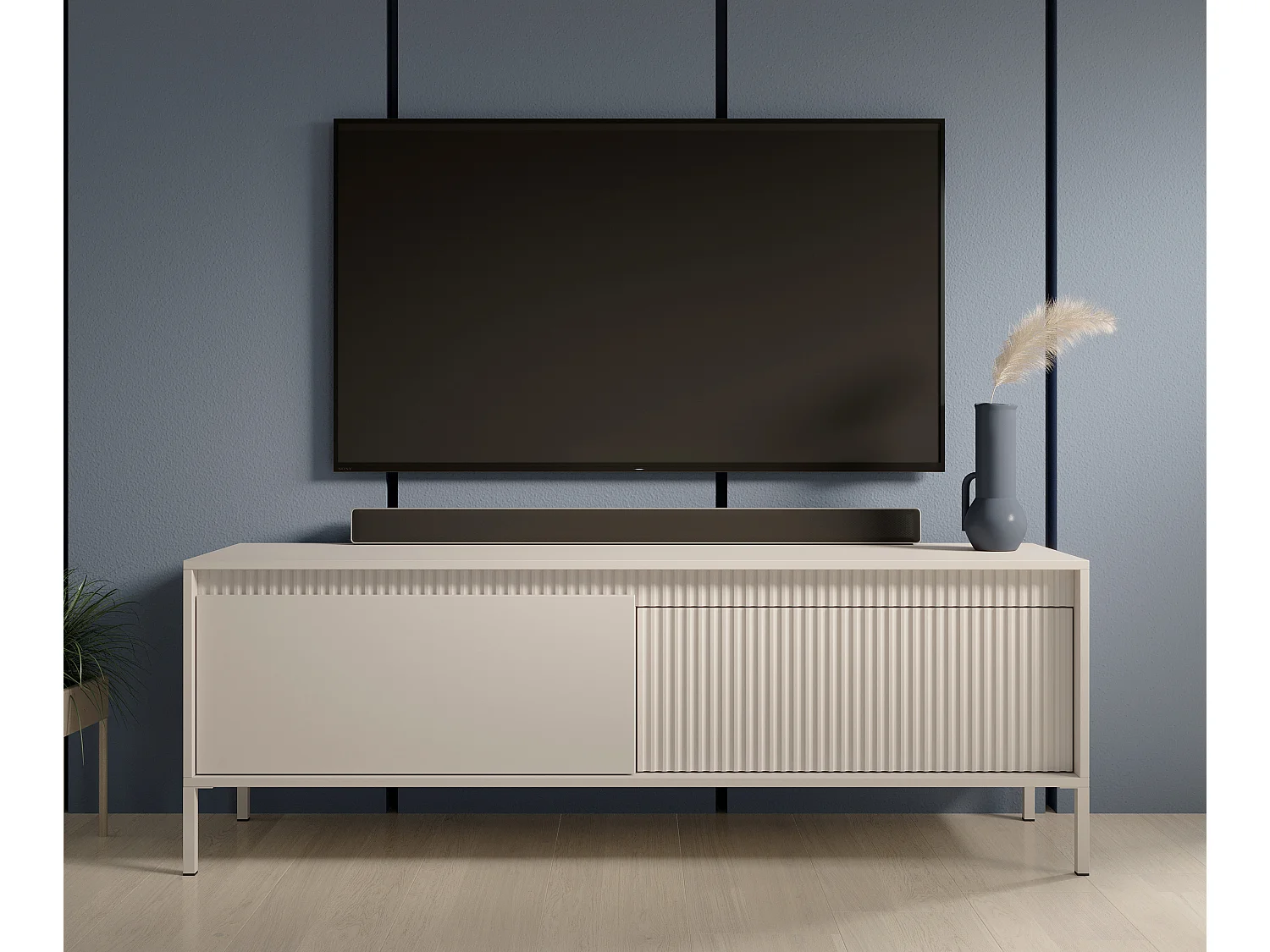 AX LIVING Meuble TV moderne beige Trentinis 153,5 cm avec façade rainurée