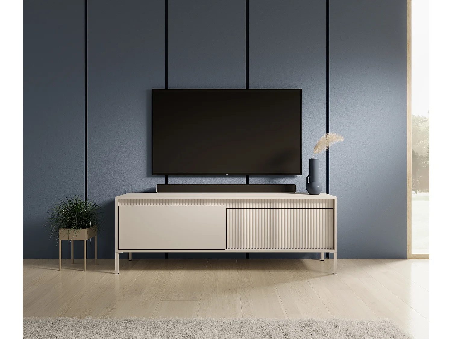 AX LIVING Meuble TV moderne beige Trentinis 153,5 cm avec façade rainurée
