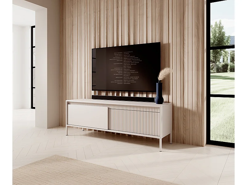 AX LIVING meuble TV bas beige Trentinis 153,5 cm moderne avec façade rainurée