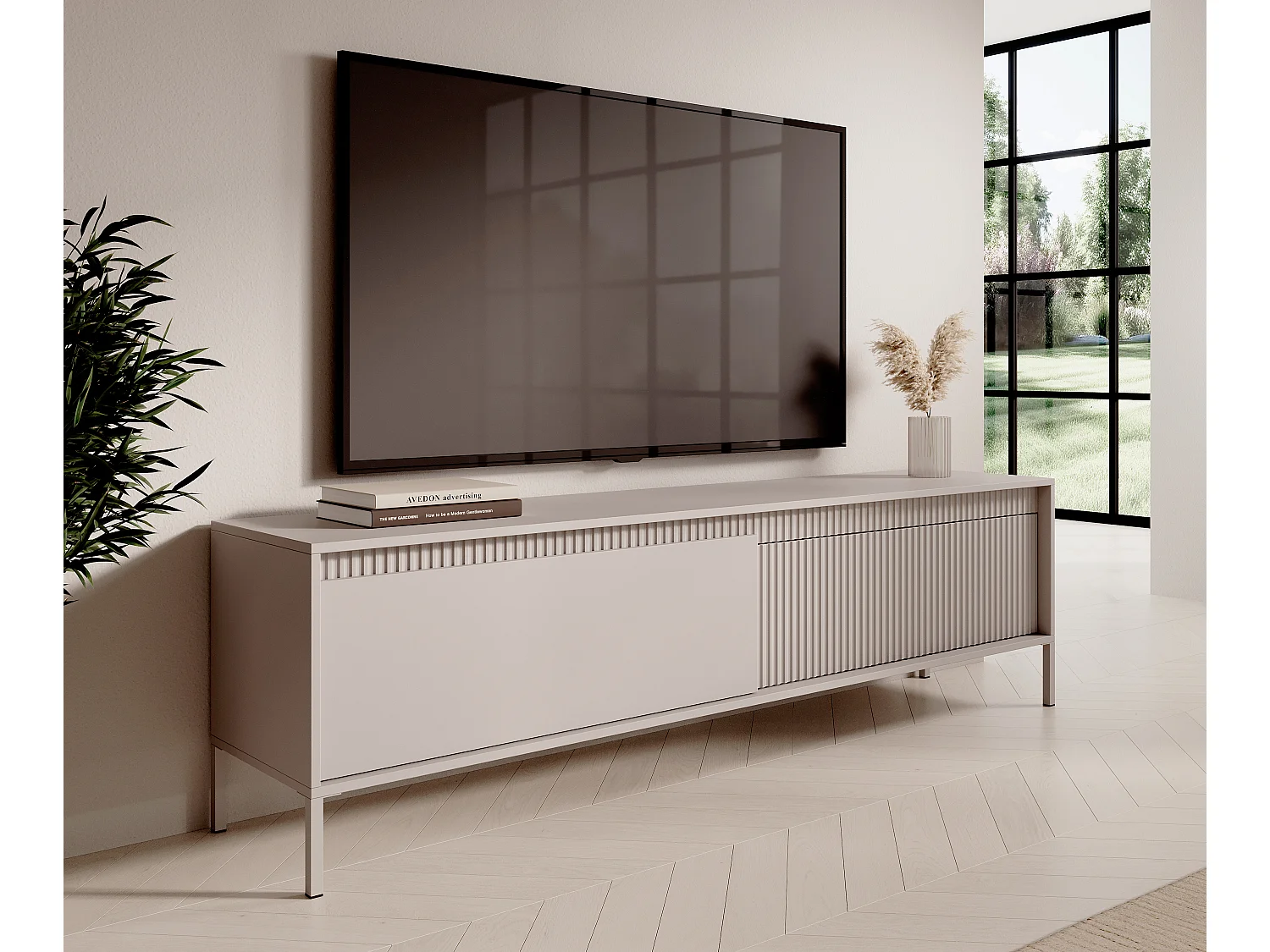 AX LIVING Beige TV Bank, Moderner TV Tisch, 187,1cm breit, geriffelter