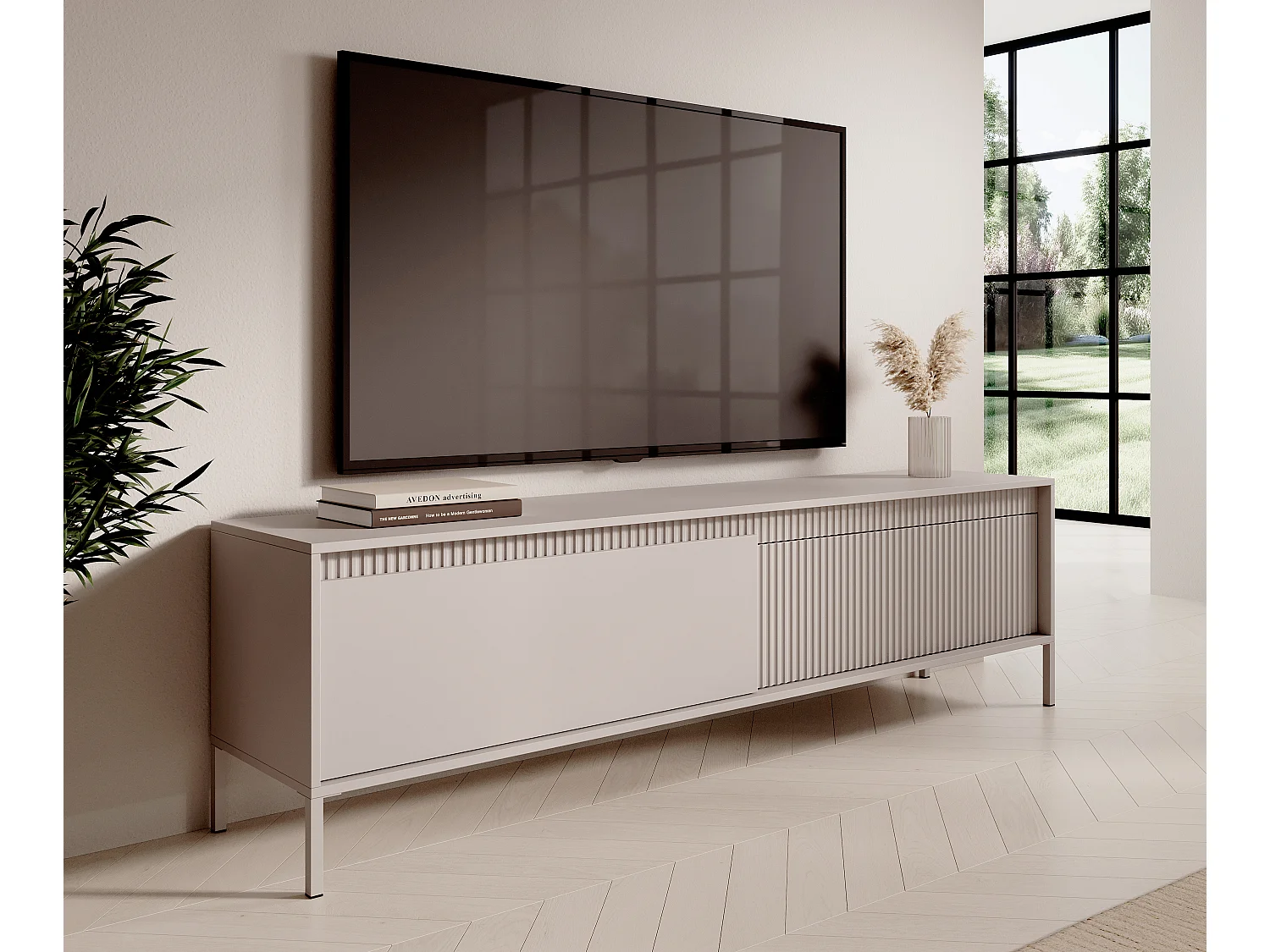AX LIVING Meuble TV beige moderne Trentinis 187,1 cm avec façade rainurée