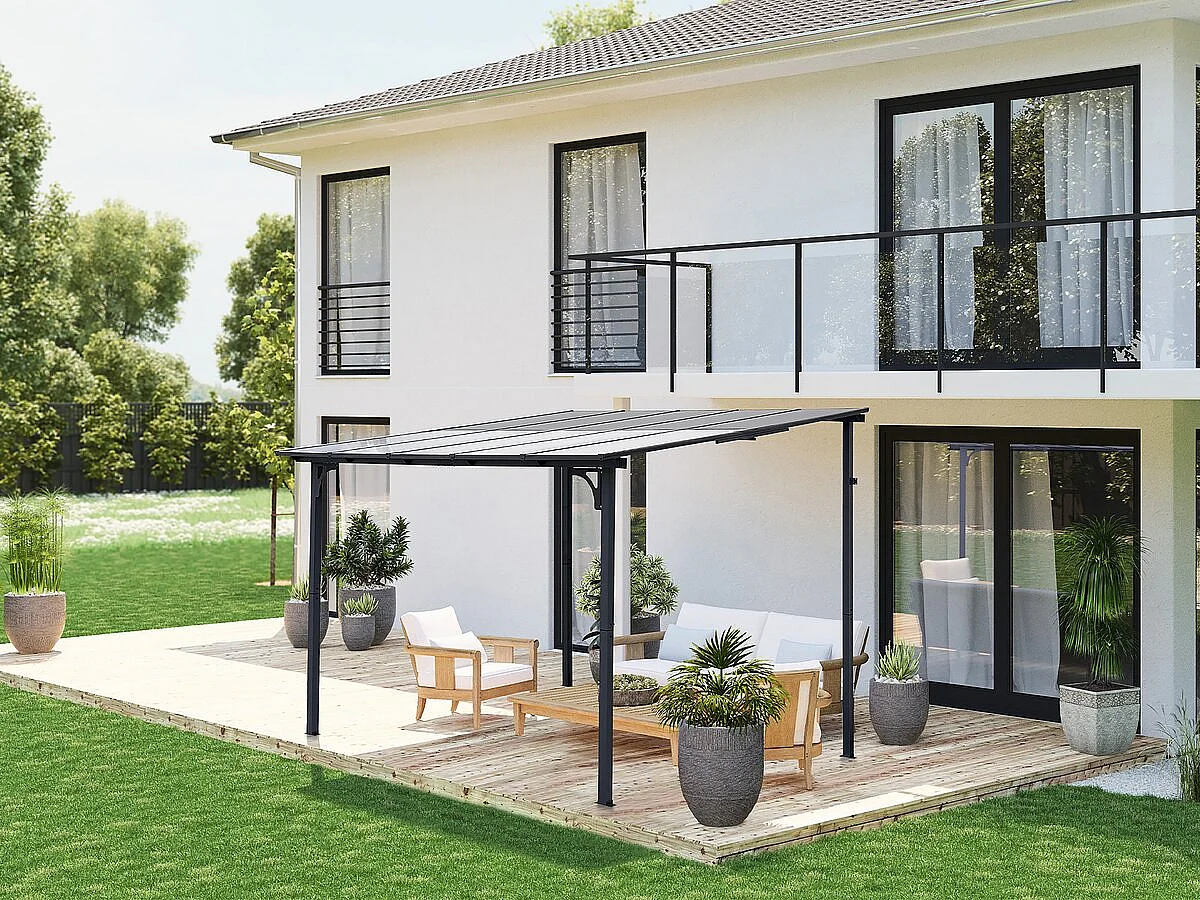 Pérgola adosada "Marvin" - 3 x 3 m - 304 x 298 x 243 cm - Gris oscuro