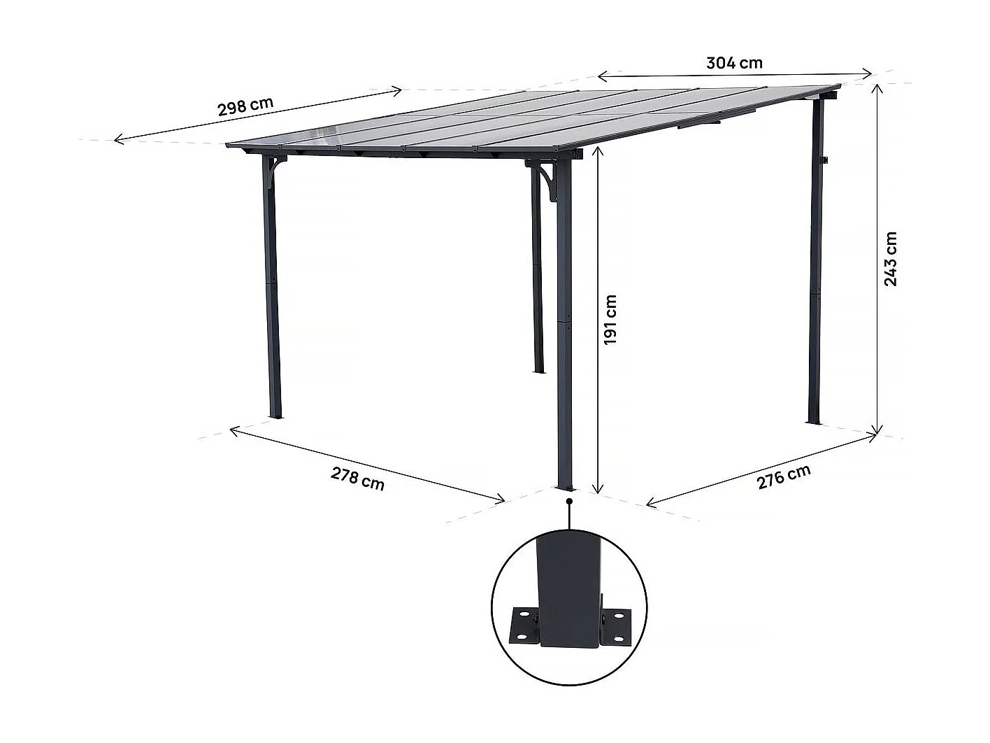 Pérgola adosada "Marvin" - 3 x 3 m - 304 x 298 x 243 cm - Gris oscuro