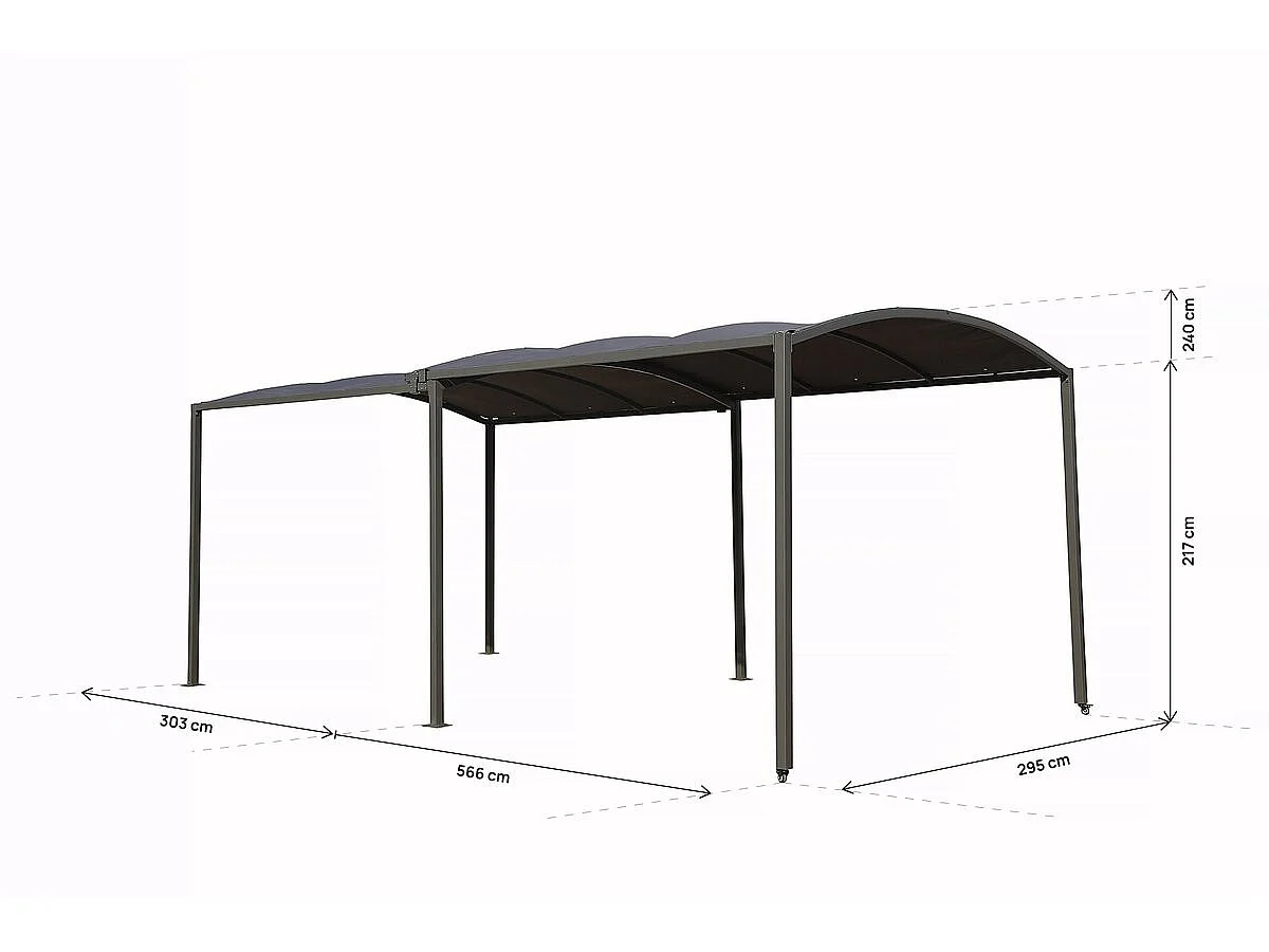 Carport en métal extensible " Mathis" - 303/566 x 295 x 240 cm - Gris
