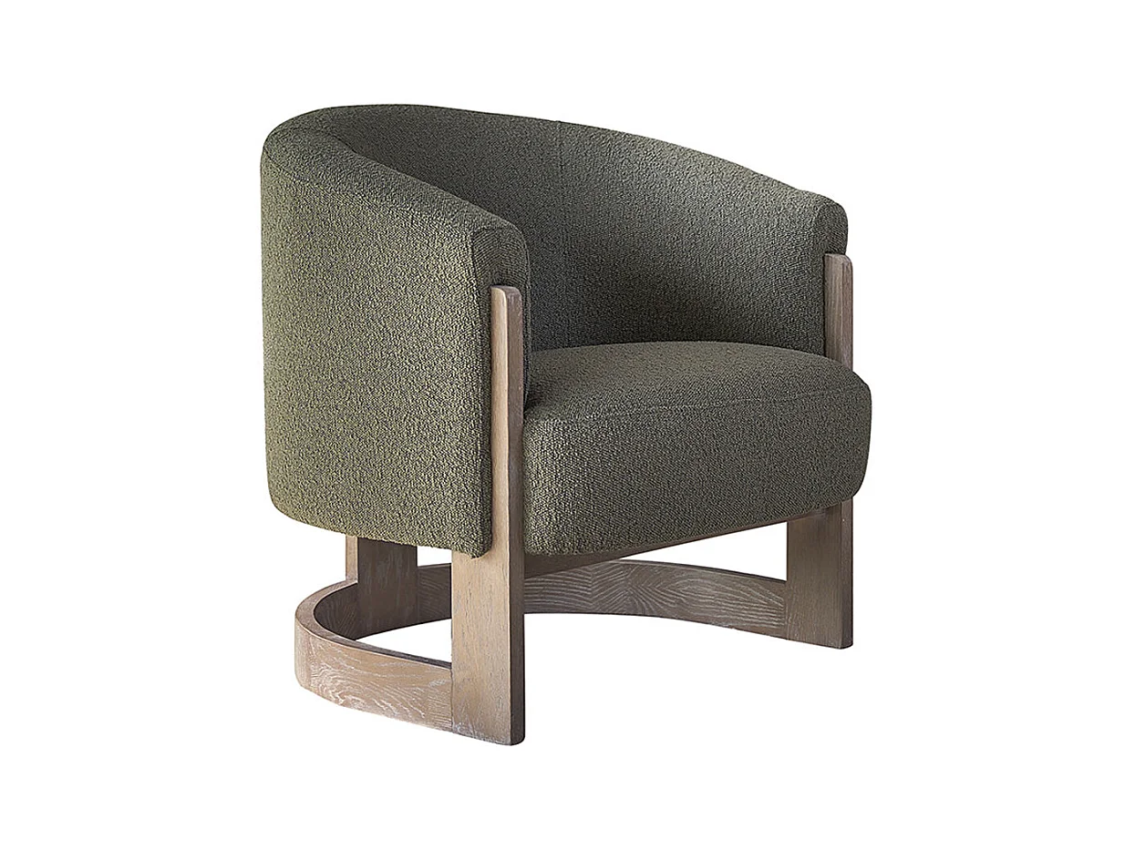 Fauteuil en chêne massif et tissu bouclette kaki