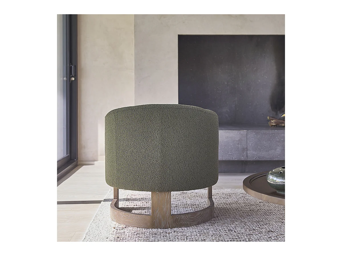 Fauteuil en chêne massif et tissu bouclette kaki