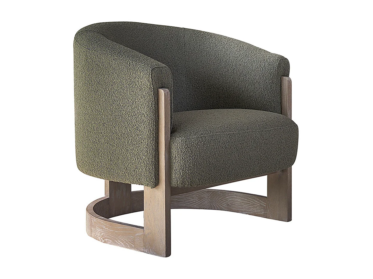 Fauteuil en chêne massif et tissu bouclette kaki