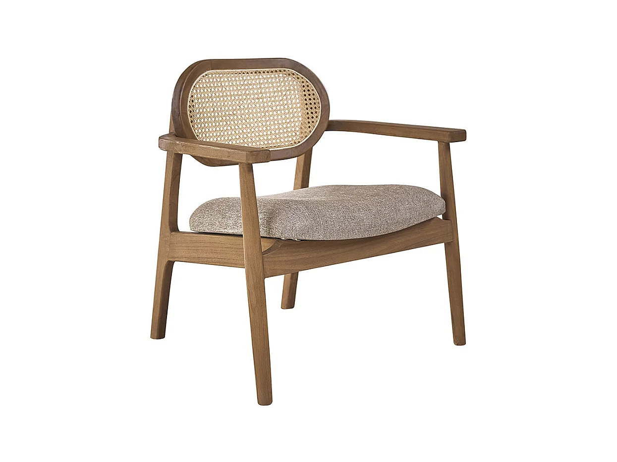 Fauteuil en teck massif, cannage et tissu grège
