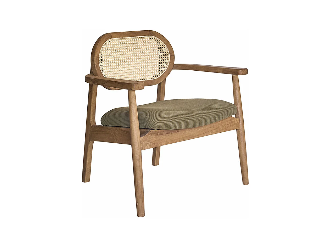 Sillón de teca maciza, rejilla y tejido de terciopelo caqui