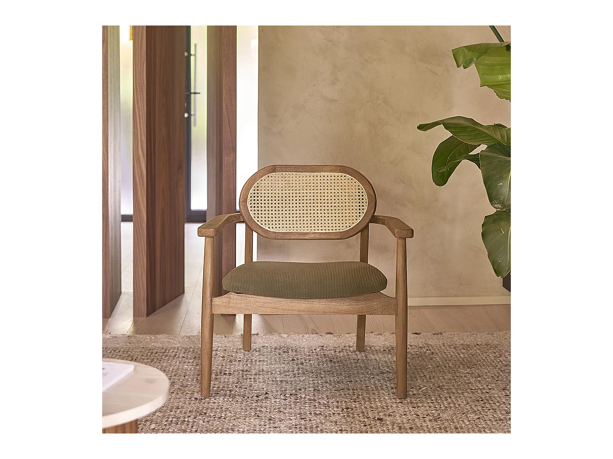 Sillón de teca maciza, rejilla y tejido de terciopelo caqui