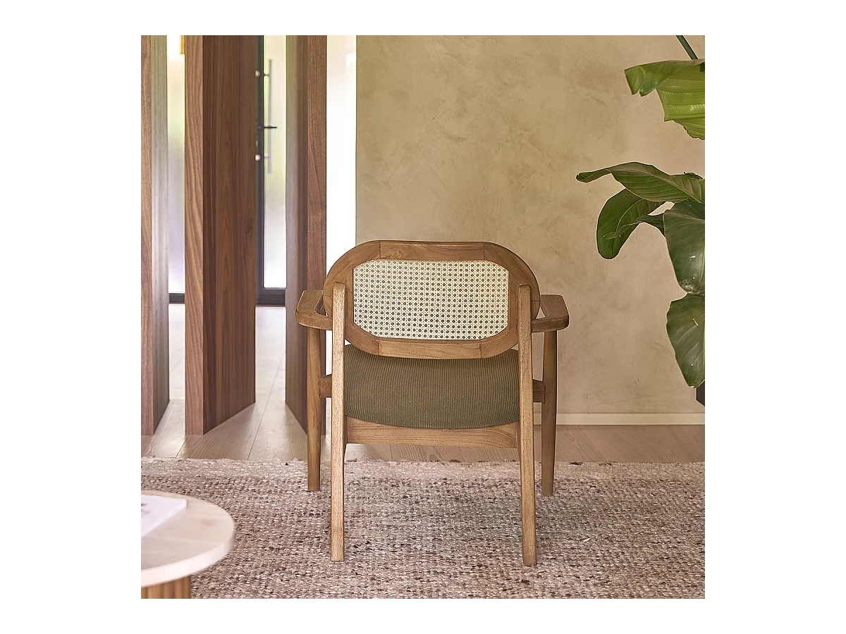 Sillón de teca maciza, rejilla y tejido de terciopelo caqui