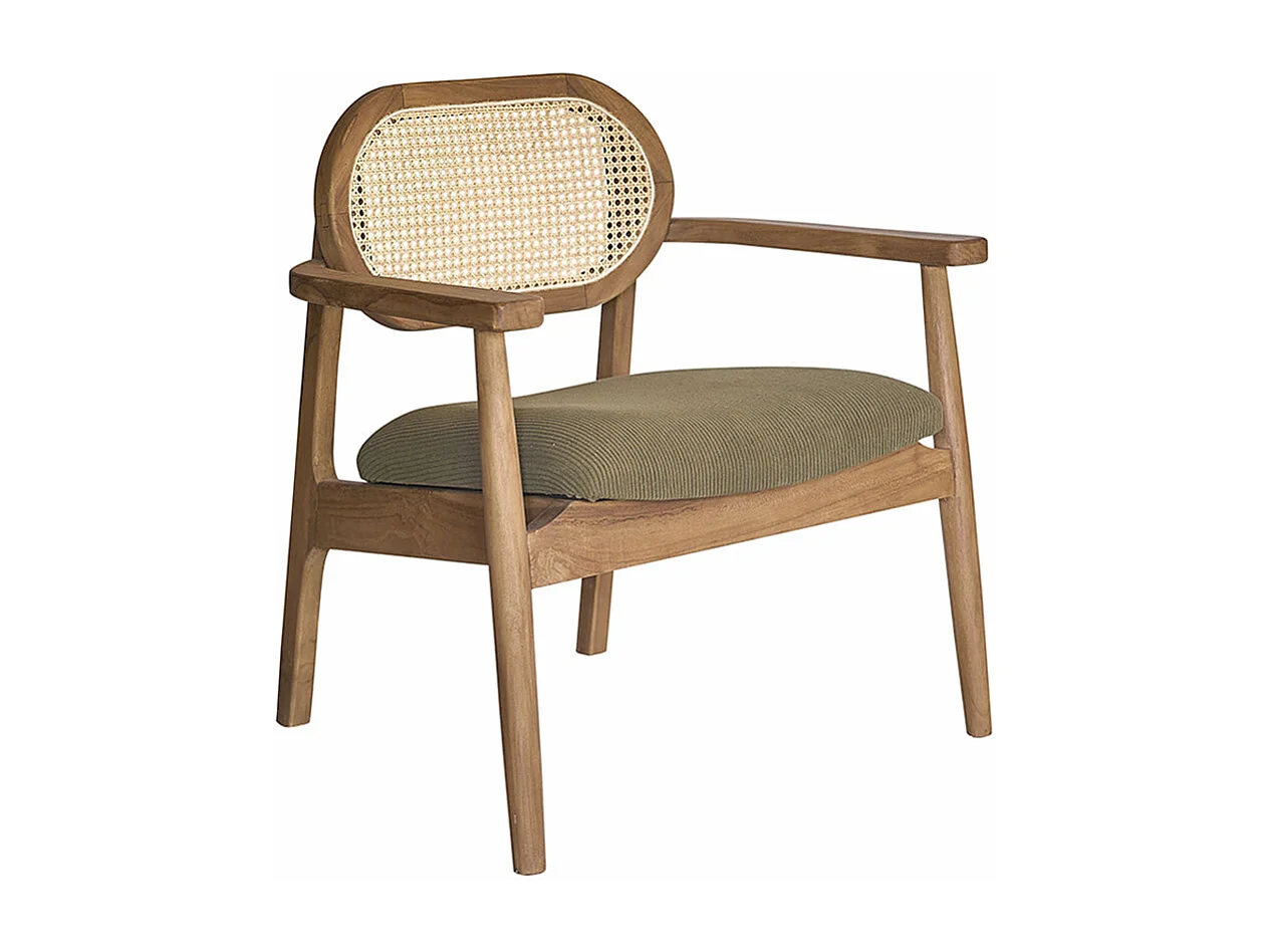 Sillón de teca maciza, rejilla y tejido de terciopelo caqui